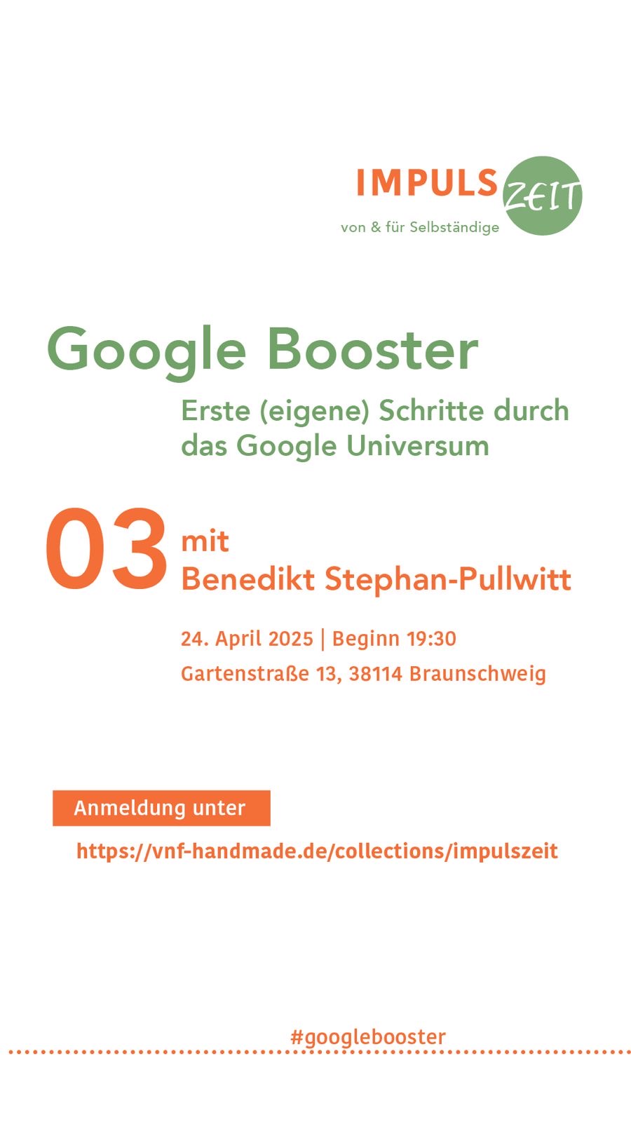 Ankündgung für Vortrag Google Booster im Rahmen der Impulszeit