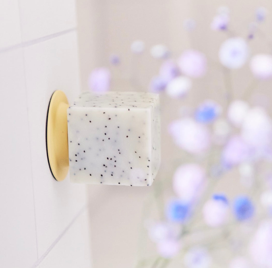 6 bunte Seifenhhalter im Display auf einem reagl neben handgesiedeten Seifen