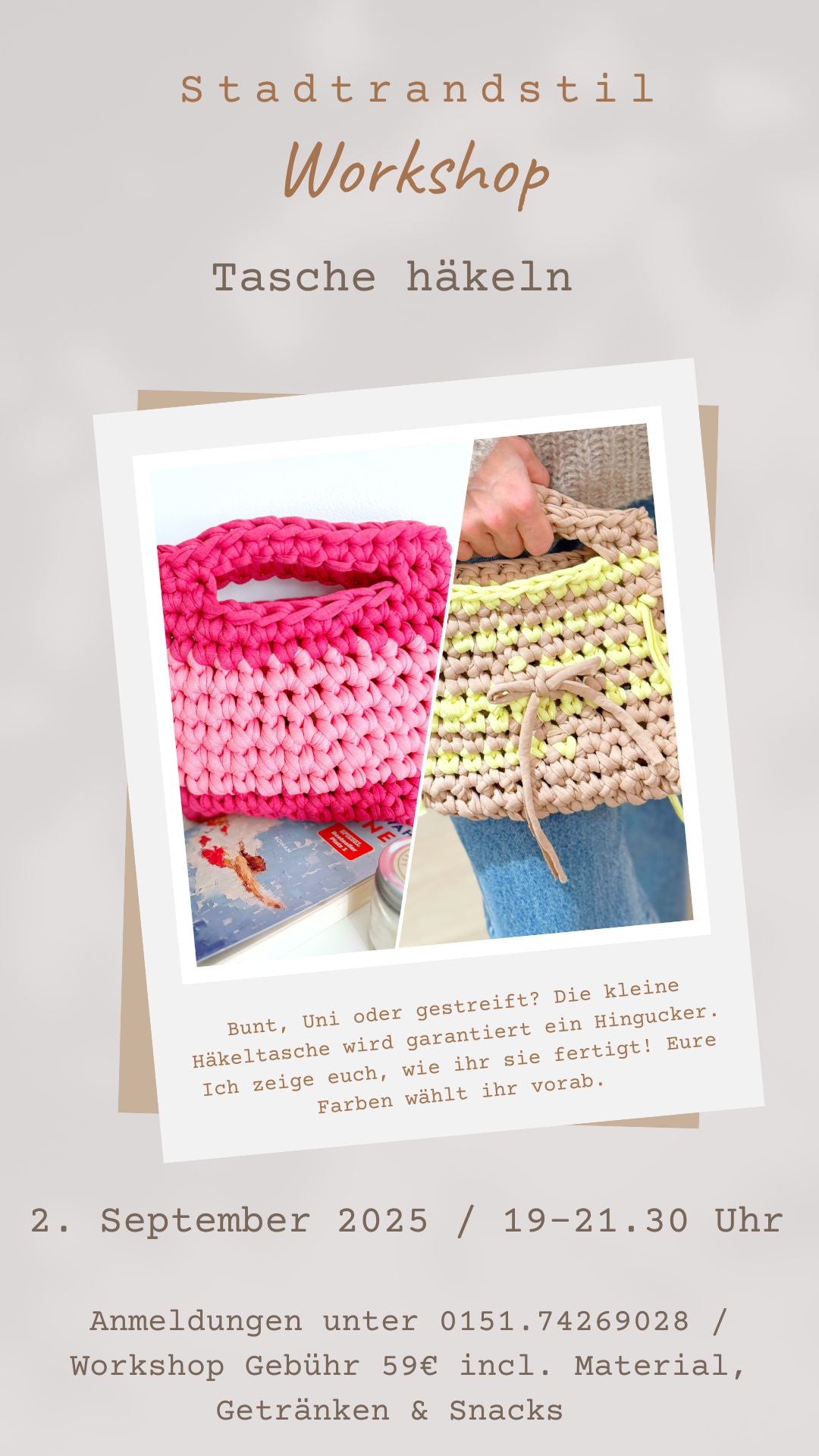 tragefoto: fertge tasche gehäkelt in gelb beige